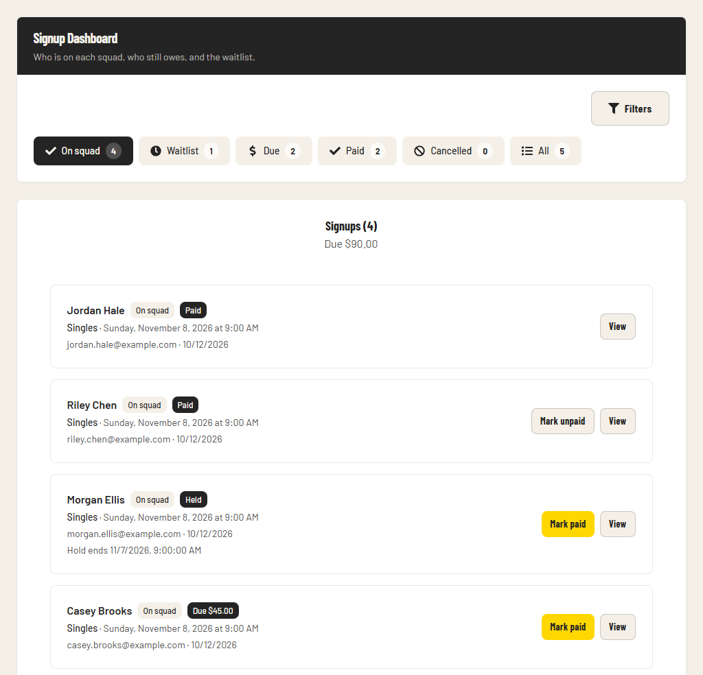 Signup Dashboard with Paid, Held, Due, and Mark paid