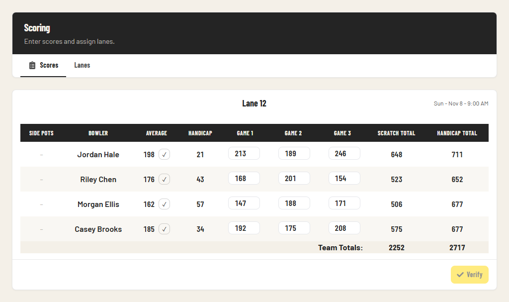 Scoring sheet with games posted