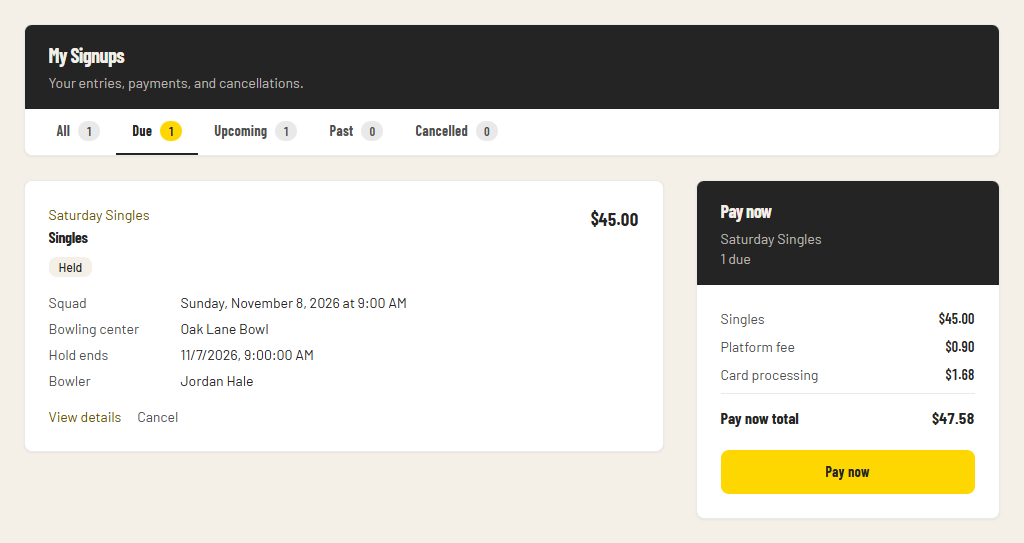 My Signups with a held entry and Pay now